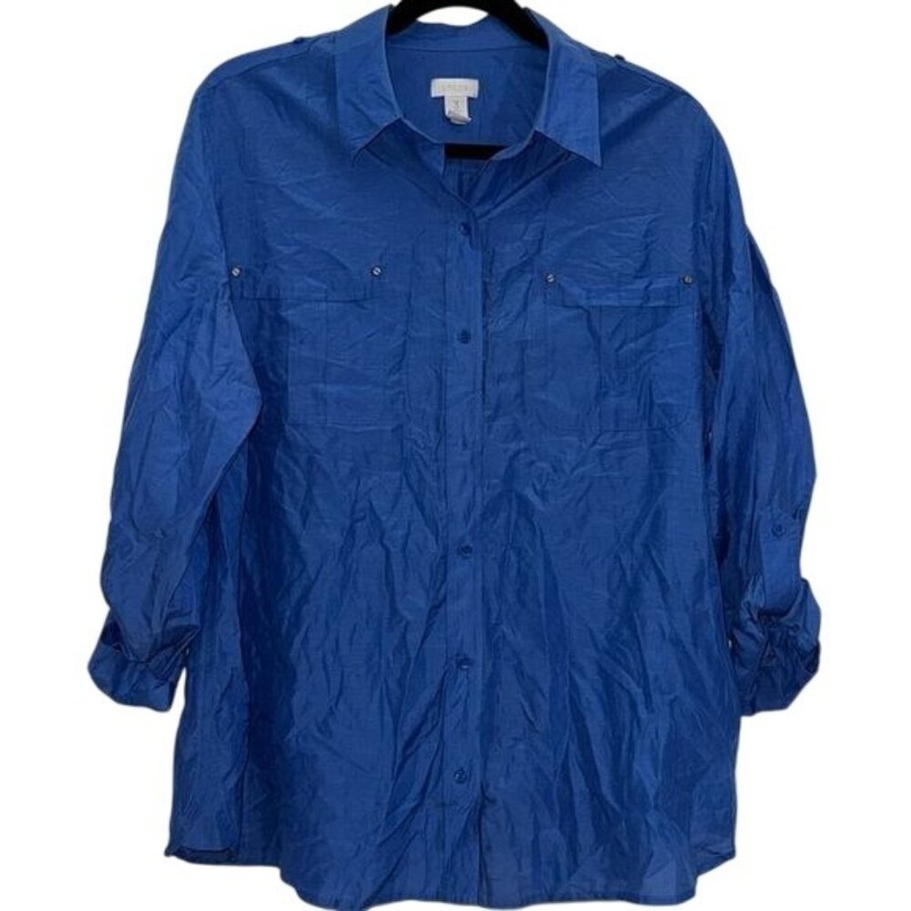 Chicos Womens Blue Button-Down Shirt Size 3 Cotton Blend Long Sleeve Roll Tab Ca